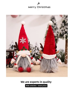 Close-up of glowing Christmas gnomes with reindeer antlers and snowflake hats in snow scene