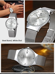 Detail of silver mesh steel band watch with white dial and functional date window