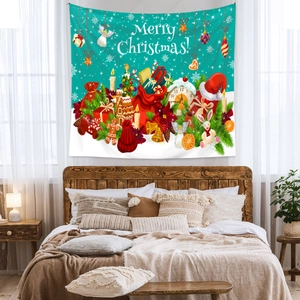 Close-up of a festive Christmas wall tapestry with Merry Christmas text and holiday motifs