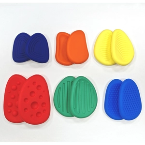 Detailed set of six pairs of colorful textured silicone sensory stones for fidgeting relief