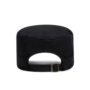 Rear view of black cotton flat top army cap with adjustable metal buckle and canvas texture