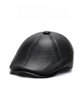 Detail of premium black faux leather stitching and crown button on a winter ivy cap