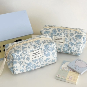 Blue floral quilted cosmetic bag set with soft cotton texture and vintage zipper closure