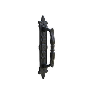European vintage matte black cast iron door handle with fleur-de-lis floral pattern