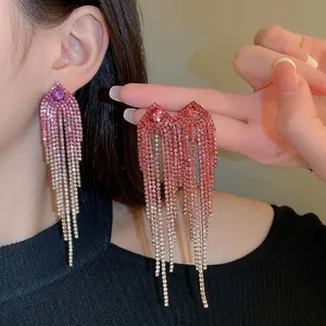 Elegant geometric long tassel earrings with gradient pink rhinestones for women
