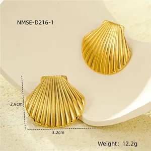 Elegant gold fan-shaped shell titanium earrings with polished vertical stripes