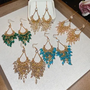 Waterdrop Fringe Drop Earrings Alloy Rhinestone Crystal Beads With 925 Sterling Silver Earring Post Bohemian Style Women