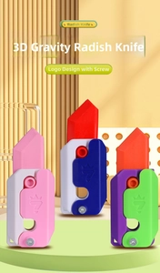 Three 3D gravity radish toys in pink, blue, and green colors displayed on a stand