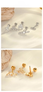 Macro view of silver and gold screw back cartilage studs with cubic zirconia petals