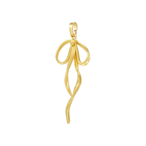 Detailed close-up of a gold bow pendant with smooth flowing lines on white background