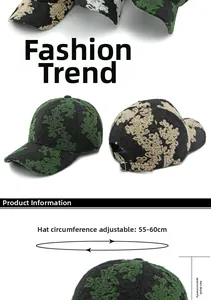 Detail of ethnic jacquard baseball cap showing vintage floral texture and metal buckle