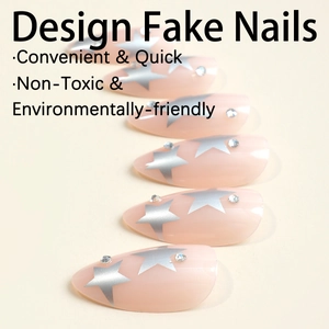 Almond-shaped press-on nails with silver stars, rhinestones and French tip design