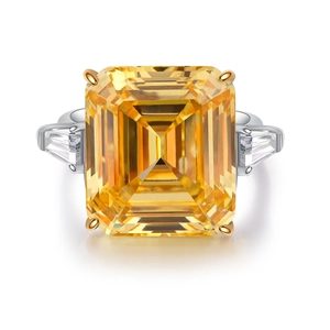 Exquisite S925 silver ring featuring a large yellow step-cut gemstone with side stones