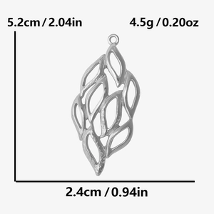 Detailed size chart for 304 stainless steel hollow leaf pendant showing dimensions and weight