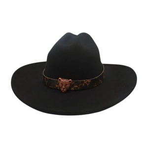 Vintage black felt wide brim cowboy hat with leopard head buckle and leather band
