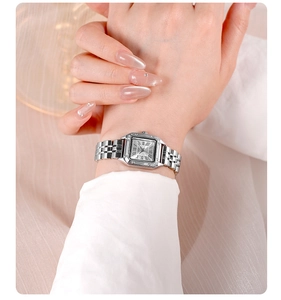 Elegant square silver watch with Roman numerals on a five-link stainless steel strap