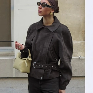Women Biker Moto Jacket Faux Suede Belted Cropped Chic Vintage Lapel Zipper Long Sleeve Solid Color Outerwear