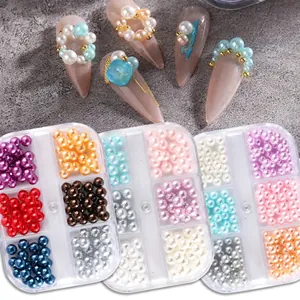 Colorful aurora pearl nail art charms set with mixed sizes in 6-grid storage containers