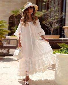 Elegant white off-shoulder lace maxi dress with layered ruffle hem for summer vacation