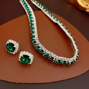 Vintage Jewelry Square Rhinestone Copper Necklace And Earrings For Women Elegant Luxury Party Accessories