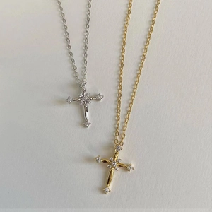 Elegant 925 Sterling Silver Cross Pendant Necklace For Women Gold Plated Dainty Rhinestone Inlaid Fashion Jewelry Gift