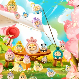 Macro detail of various cute mini doll figures in colorful themed animal headgear
