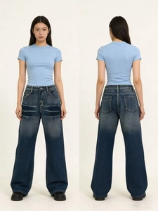Women's vintage washed wide-leg jeans with light blue slim T-shirt front and back view