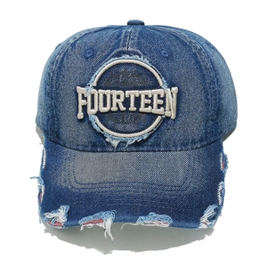 Distressed dark blue denim baseball cap with FOURTEEN embroidery and ripped details