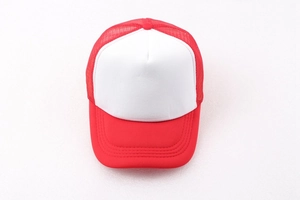 Detail of red mesh back and white front panel on breathable trucker sun hat