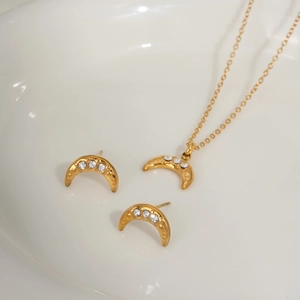 Crescent Moon Jewelry Necklace And Earrings Stainless Steel Zircon Gold Plated Elegant Minimalist Fashion Women Gift