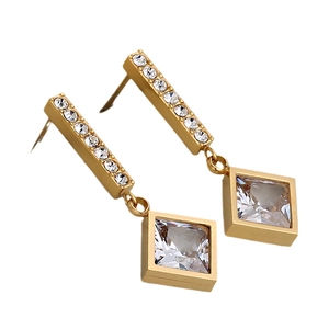 Golden stainless steel earrings with geometric square pendants and sparkling crystal inlay