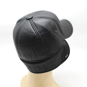 Men's winter black leather trapper hat with ear flaps and warm lining for cold weather