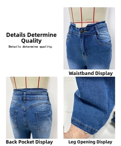 Détails de jean délavé taille haute montrant le bouton métallique et les poches arrière