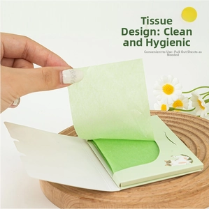 Detail of portable light green oil blotting paper with cute cat cartoon design in use