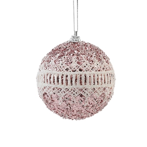 8cm pink glitter Christmas ball with white lace trim and silver hanging loop