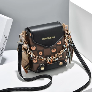 Mini crossbody bag with plaid pattern, cartoon tiger print and silk scarf chain handle