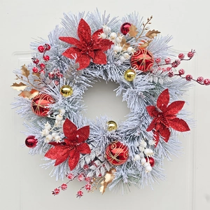 Artificial Christmas Wreath Flocked Pine Needles Red Poinsettia Flowers Gold Ornaments Front Door Hanging Holiday Home Decor
