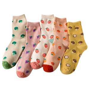 Breathable cotton crew socks set featuring cute vegetable and fruit patterns on white background