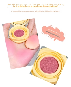 Macro shot of cushion blush with thumb puff showing dusty rose pigmentation on skin
