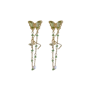 Elegant gold-plated drop earrings with green zircon butterfly, long tassels and white pearls