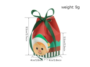 Detail view of red and green Christmas candy box with dimensions and festive ribbon