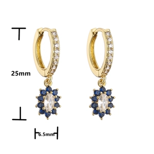 18K gold flower hoop earrings with blue zircon halo and clear oval center stone