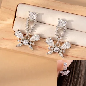 Butterfly Heart Zircon Cartilage Earring Titanium Steel Copper Double Head Screw Back Pendant Stud For Women Silver