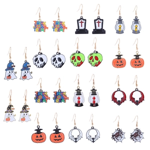 Halloween Alloy Enamel Dangle Earrings Gothic Skull Pumpkin Ghost Bat Spider Web Tombstone Novelty Party Jewelry Women