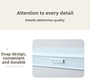 Detail showing the durable snap closure design on this light blue plastic stationery box