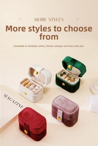 Four colors of portable velvet jewelry boxes featuring ring slots and gold metal clasps