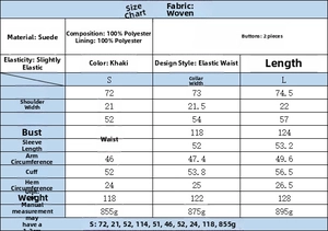Size chart showing S to L measurements for khaki faux suede long jacket with large pockets