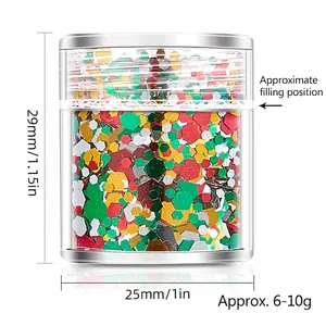 Mixed Christmas nail art glitter sequins in a 29mm transparent pot for festive decoration