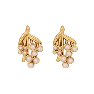 Elegant gold berry branch earrings with white pearls on a minimalist white background