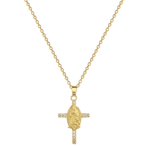 Luxurious gold stainless steel cross necklace with Virgin Mary carving and sparkling crystals